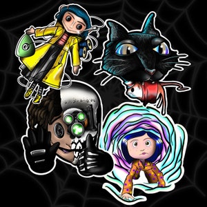 Coraline Jones Sticker Pack | Wybie | The cat | Vermin | Fan Art Inspired Sticker Pack | Vinyl Waterproof White Gloss