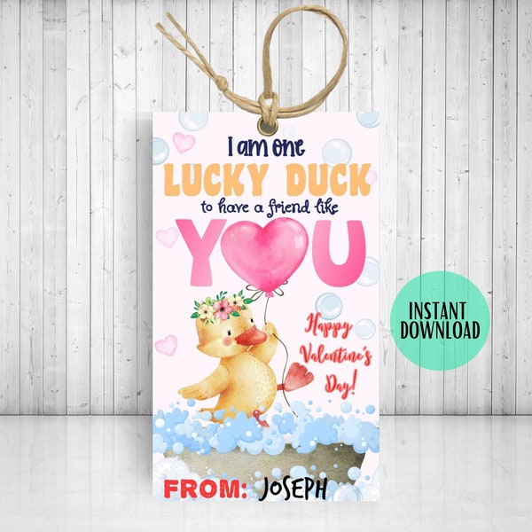 INSTANT DOWNLOAD Valentines I am one Lucky duck, Rubber Duck Tag, One Lucky Duck Valentines Day Tag, Classroom Valentine's Day Tag HV003