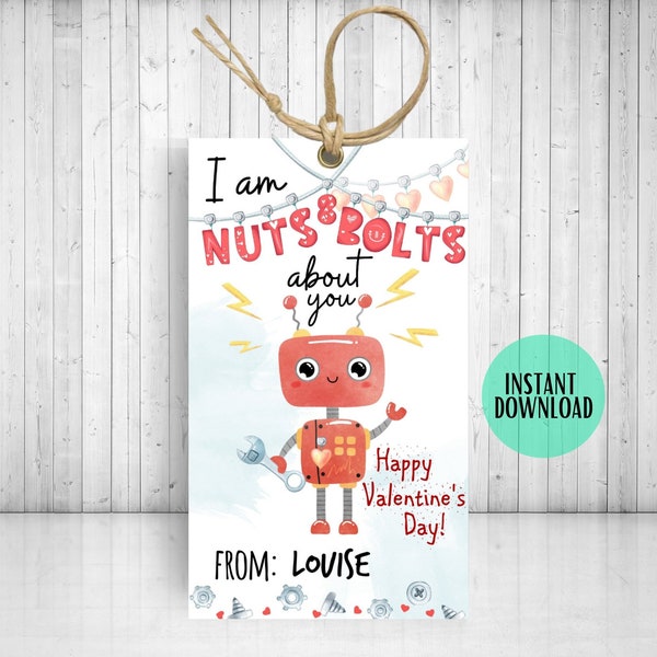 INSTANT DOWNLOAD Valentines I am Nuts and Bolts about you|Valentine's Day Tag|Valentine Card for Kids|Classroom Valentine's Day Tag HV007