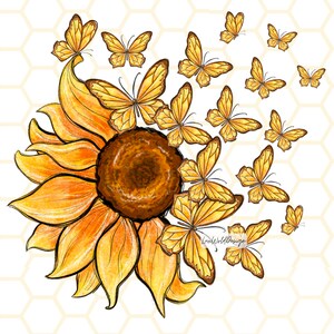 May include: A watercolor painting of a sunflower with yellow petals and a brown center. Butterflies in shades of yellow and orange are flying around the sunflower.