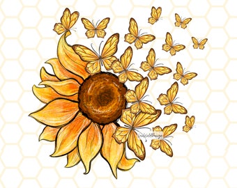 May include: A watercolor painting of a sunflower with yellow petals and a brown center. Butterflies in shades of yellow and orange are flying around the sunflower.