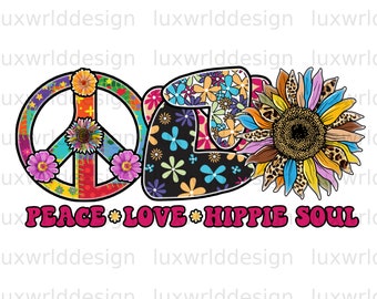 Peace, Liebe, Hippie, Seele PNG: Floral Sublimation Design (Digitaler Download)