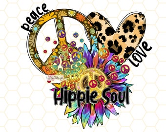 Peace Love Hippie Soul PNG: ひまわりのピースサインデザイン (デジタルダウンロード)