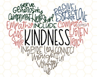 May include: A heart-shaped word cloud with the word "KINDNESS" in the center. The words around "KINDNESS" include "serve", "generosity", "compliment", "help", "share", "empathy", "include", "care", "smile", "inspire", "lead", "connect", "thoughtful", "volunteer", "hug", "give", "respect", "donate", "love", "compassion", "listen", and "teach".