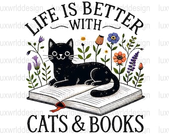 Cats and Books PNG: Floral Cat Lover Design (Digital Download)
