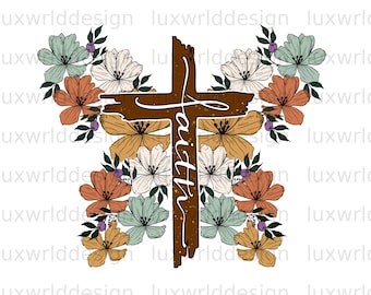 Cruz de fe con flores PNG: Diseño cristiano de sublimación (descarga digital)