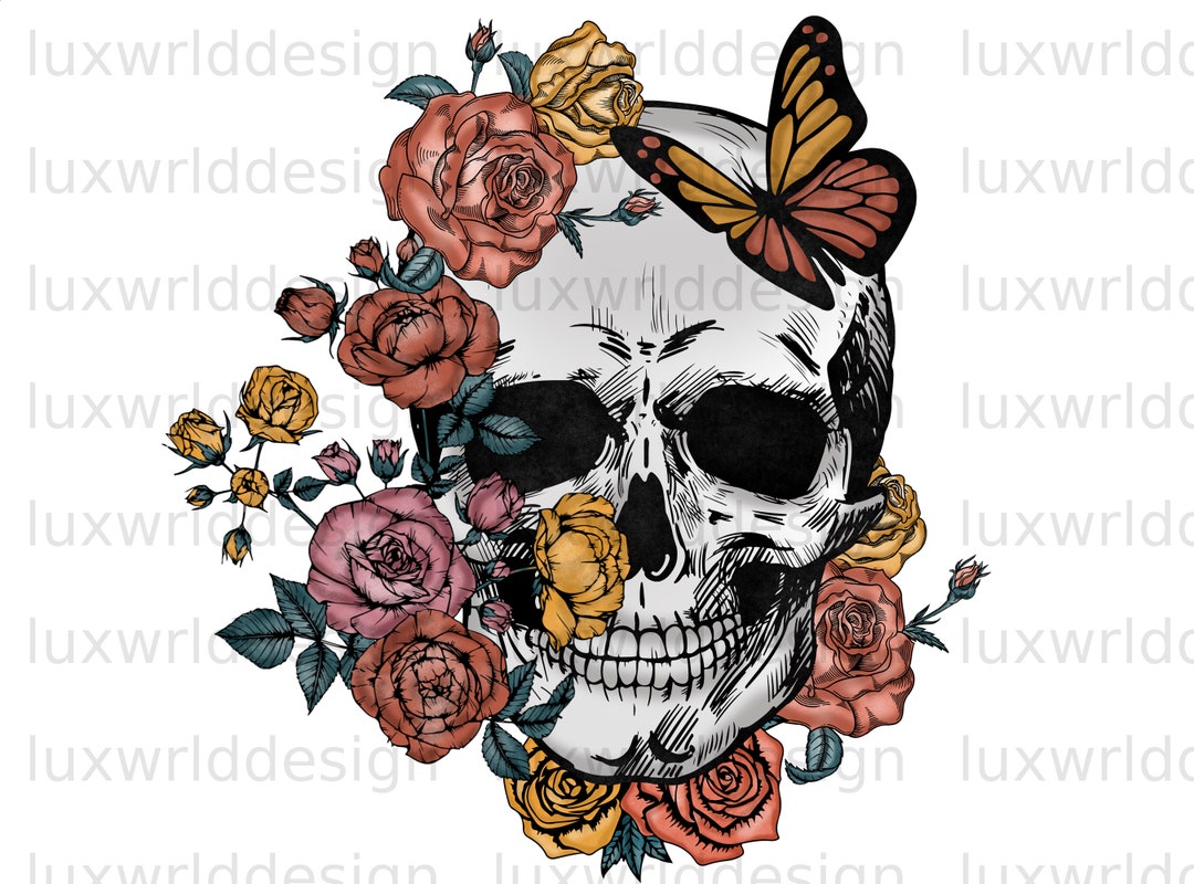Skull Rose Butterfly PNG Skull Png Floral Skull Sublimation Design