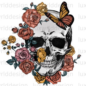 May include: A white skull with a black and white detailed design is surrounded by a variety of colorful roses and a butterfly with orange and red wings. The roses are in shades of red, pink, yellow, and orange.