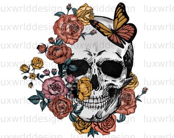 Calavera floral con mariposa PNG: Diseño de sublimación colorido (descarga digital)