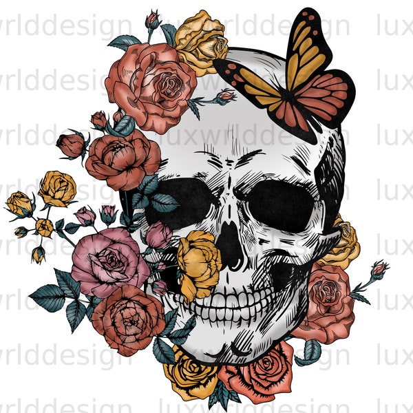 Crâne Rose Papillon PNG | Crâne png | Crâne floral | Conception par sublimation | Téléchargement de conception numérique | Papillon crâne coloré png