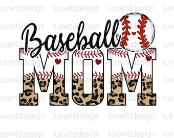 Könnte beinhalten: Baseball Mom Grafik mit einem Baseball, roten Herzen und einem Leopardenmuster-Hintergrund.
