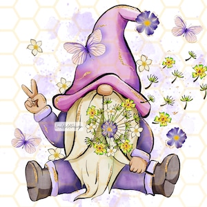 May include: A purple gnome with a pink hat and a white beard is holding a dandelion with white and yellow flowers. The gnome is sitting on a white background with a honeycomb pattern and butterflies.