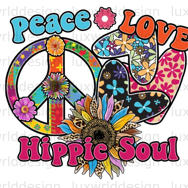 Paz Amor Alma Hippie PNG / Hippie png / Alma Hippie png / Diseño de Sublimación / Descarga de Diseño Digital / Signo de la Paz png / Pequeño Hippie