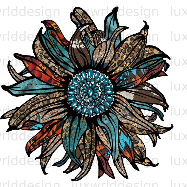 Leopard Turquoise Gemstone Sunflower PNG | Sunflower png | Western Sunflower png | Sublimation Design | Digital Design Download