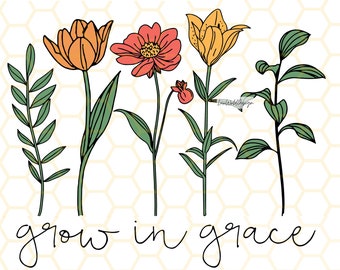 May include: A digital illustration of five flowers in various colors, including orange, red, and yellow, with green stems and leaves. The flowers are arranged in a row against a white background with a honeycomb pattern. The text "grow in grace" is written below the flowers.