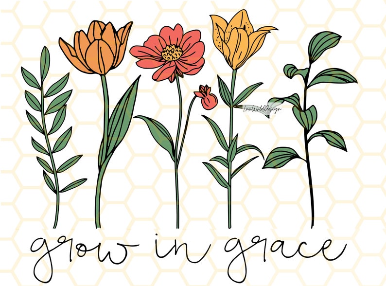 K&ouml;nnte beinhalten: Eine digitale Illustration von f&uuml;nf Blumen in verschiedenen Farben, darunter Orange, Rot und Gelb, mit gr&uuml;nen Stielen und Bl&auml;ttern. Die Blumen sind in einer Reihe vor einem wei&szlig;en Hintergrund mit einem Wabenmuster angeordnet. Der Text "grow in grace" steht unter den Blumen.