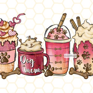 May include: Three pink and brown coffee cups with whipped cream and paw print designs. The middle cup has the text "Dog Mom" on it.