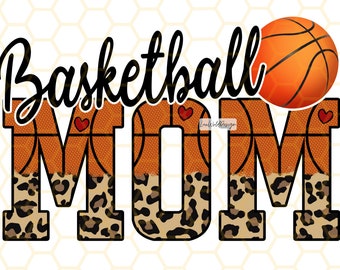 May include: Basketball Mom graphic featuring a basketball and leopard print design. The word "Mom" is made up of basketballs with leopard print accents.
