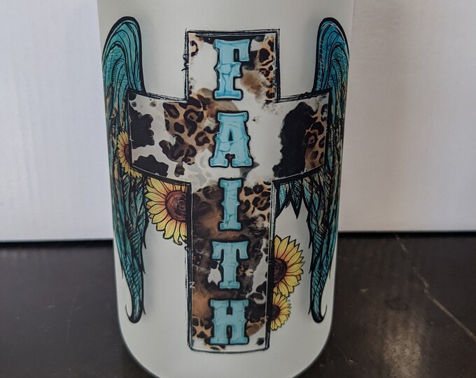 Faith Angel Wings Turquoise 16oz Glass Can