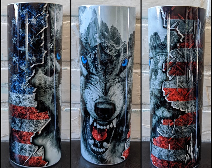 Wolf with blue eyes on American Flag 20oz tumbler