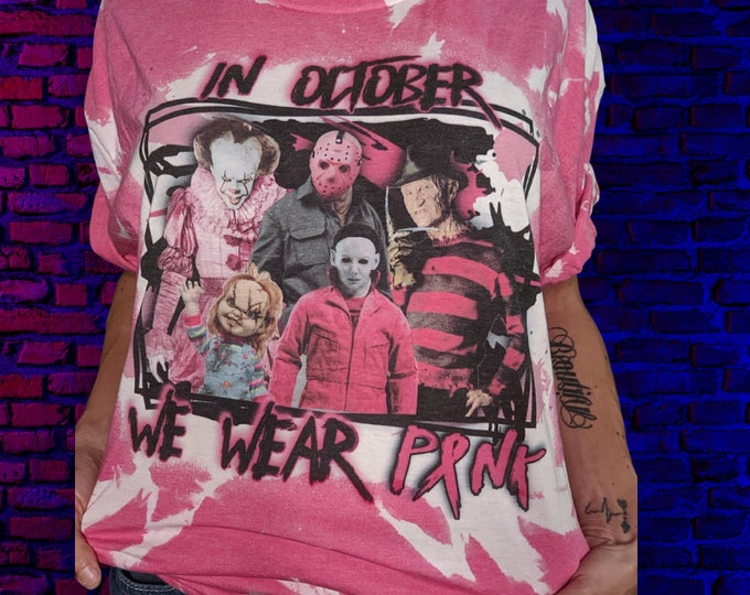 In October We Wear Pink - Halloween Breast Cancer Awareness - T-Shirt - Horror Character