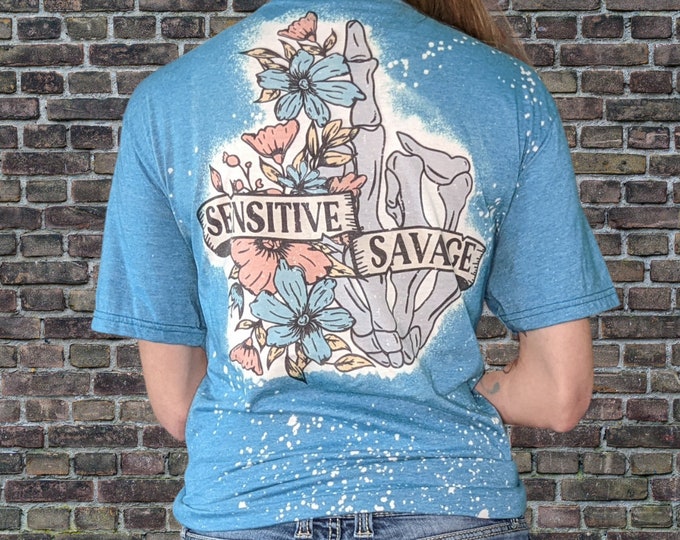 Sensitive, Savage bleach t-shirt on galapagos blue