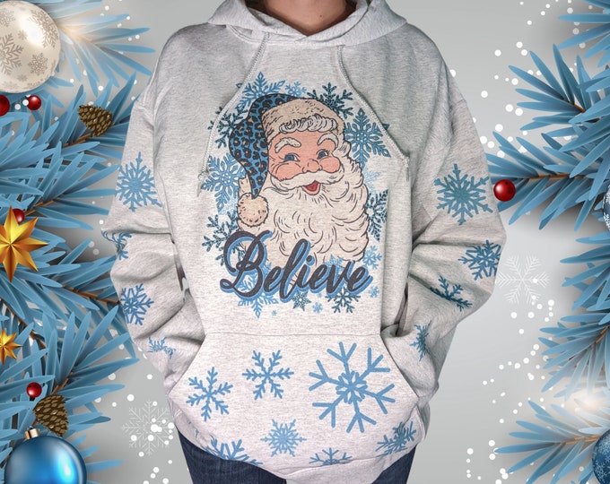 Believe Santa Christmas Hoodie | Teal Blue | With snowflakes | Holiday | For him or her