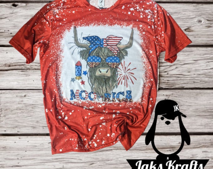 Fourth of July short sleeve MooRica T-Shirt | Long Hair Cow | Bleached | Sublimation