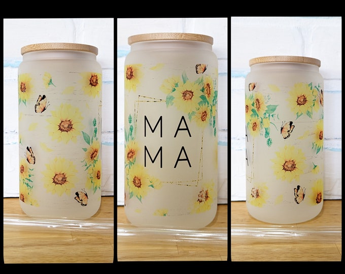 Mama Sunflower 16oz Frosted Glass Can with Bamboo Lid