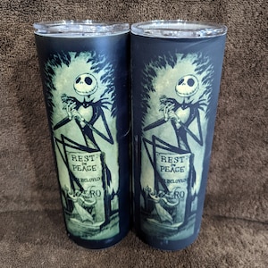 Halloween Jack and Sally glow in the dark tumbler