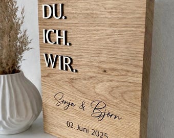 Regalo de boda de madera personalizado – Letrero YOU ME WE con nombres y fecha – Regalo de boda para novios – Letrero de madera grabado