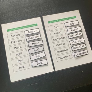 May include: A white card with black text that says "I can match the months of the week" and lists the months of the year in order.  Below the text are 12 white rectangles with black borders, each containing a month of the year.  A second white card with black text that says "I can match the months of the year" and lists the months of the year in order.  Below the text are 12 white rectangles with black borders, each containing a month of the year.