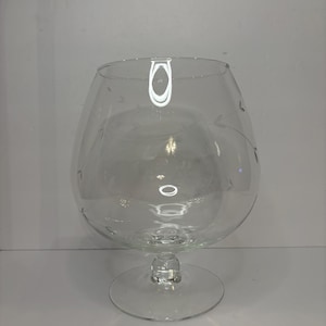 May include: A clear, stemmed brandy snifter with a wide bowl and etched floral design. The glass sits on a round base and a short stem. The glass is designed to hold a generous serving of brandy or other spirits.