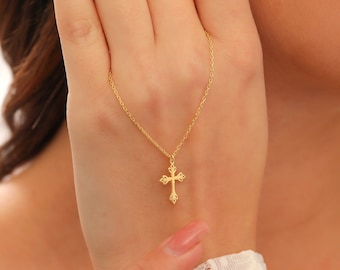 Dainty 14K Solid Gold Cross Necklace for Women, Religious Christmas Gifts for Her, Christian Jewelry, Tiny Cross Necklace for Women