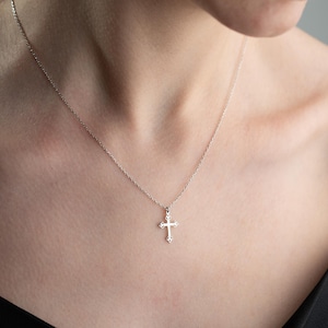 14K Solid Gold Cross Necklace Women, White Solid Gold Cross Necklace for Her, Christian Gifts, Baptism Gifts, First Communion Gifts for Her