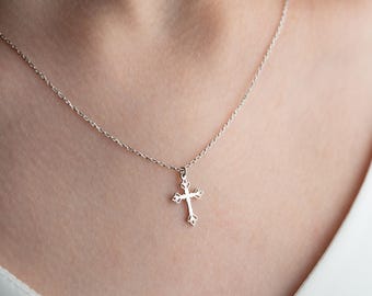 Sterling Silver Cross Necklace, Dainty Gold Pendant, Christian Gift