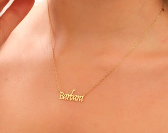 Name Plate Necklace, Christmas Gifts for Grandchildren, Winter Jewelry, Personalized Gifts for Her, 14K Solid Gold Name Necklace