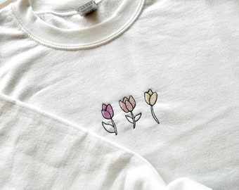 Embroidered Pastel Tulips White Crewneck