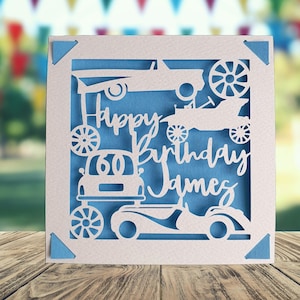 Carte papercut personnalisée de joyeux anniversaire de voitures, carte de joyeux anniversaire de voitures de vintage, carte d'anniversaire de passionné de voiture, carte d'anniversaire de véhicule à moteur