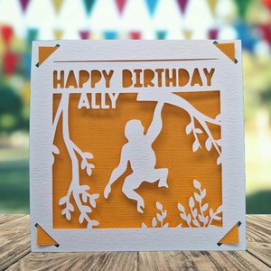 Carte personnalisée joyeux anniversaire singe, carte d'anniversaire orang-outan, carte d'anniversaire pour amoureux des animaux, voiture de zoo