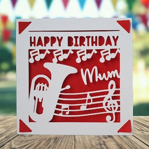 Carte Papercut personnalisée Happy Birthday Brass Band, Carte d'anniversaire Euphonium, Carte d'anniversaire sur le thème de la musique, Carte d'anniversaire de musicien