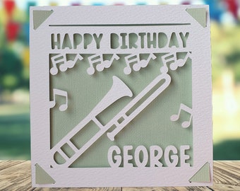 Trombone Happy Birthday Personalised Papercut Card, Brass Band Birthday Card, Music Themed Birthday Card, Musician Birthday Card