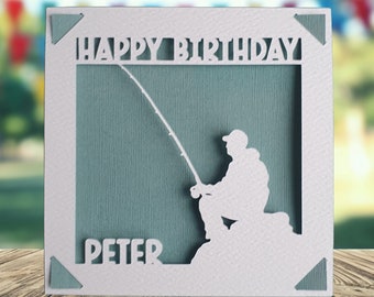 Fisherman Happy Birthday Personalised Papercut Card, Fishing Birthday Card, Happy Birthday Card for Fisherman, Birthday Card for Angler,