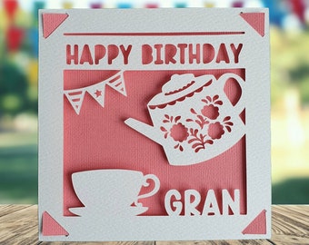 Tea Happy Birthday Personalised Papercut Card, Teapot Birthday Card, Cup of Tea Birthday Card, Birthday Card for Grandma Nan