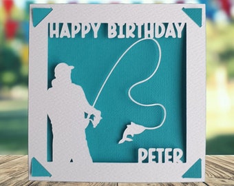 Fishing Happy Birthday Personalised Papercut Card, Happy Birthday Card for Fisherman, Fishing Birthday Card, Birthday Card for Angler