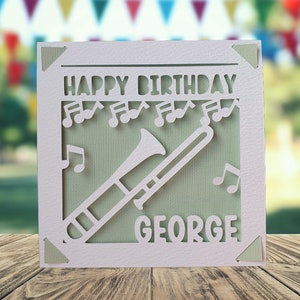 Carte personnalisée joyeux anniversaire trombone, carte d'anniversaire brass band, carte d'anniversaire sur le thème de la musique, carte d'anniversaire musicien