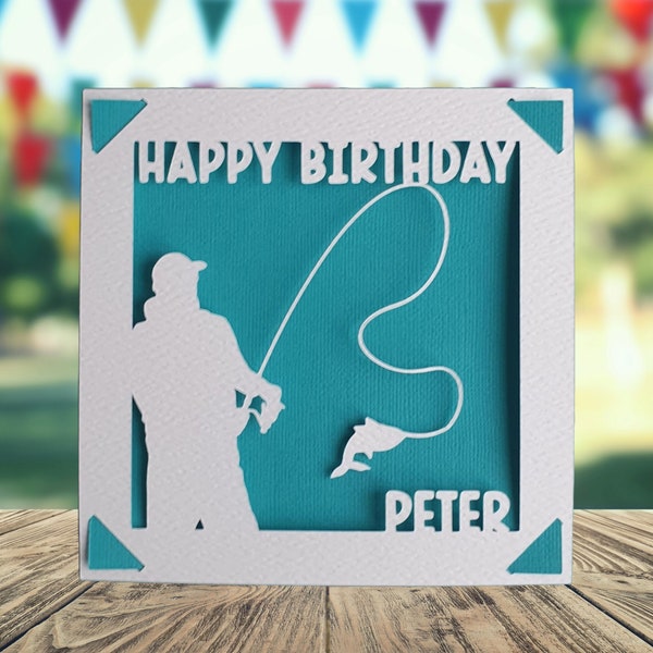 Fishing Happy Birthday Personalised Papercut Card, Happy Birthday Card for Fisherman, Fishing Birthday Card, Birthday Card for Angler