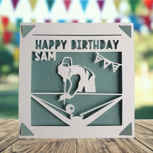 Biglietto Papercut personalizzato di buon compleanno Snooker, biglietto di buon compleanno per lui lei, biglietto di compleanno in piscina, biglietto di compleanno per fan di snooker