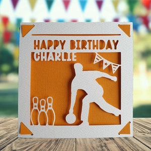 Bowling gelukkige verjaardag gepersonaliseerde papercut kaart, gelukkige verjaardagskaart voor hem haar, Tenpin Bowling verjaardagskaart, verjaardagskaart voor bowler