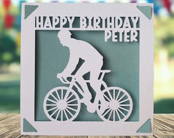 Cycling Happy Birthday Personalised Papercut Card, Happy Birthday Card for Him Her, Bicycle Birthday Card, Birthday Card for Cyclist